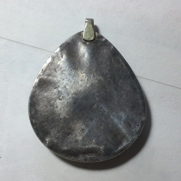 SOLD-Lapis teardrop pendant, silver and brass colored setting - Picture 2 of 3